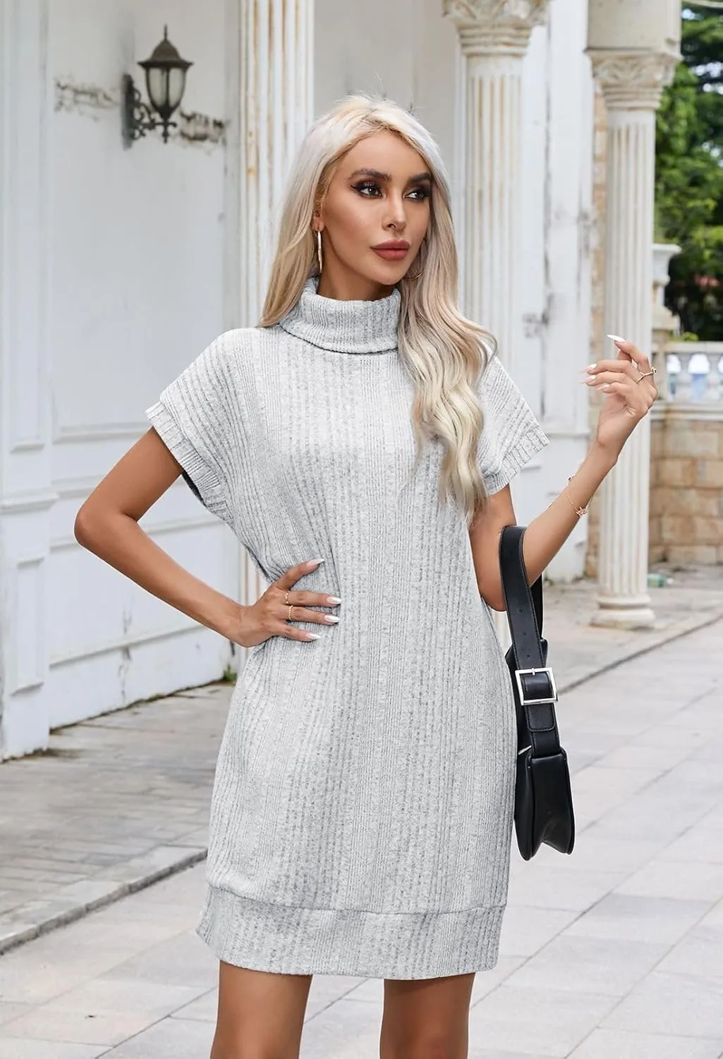 Viottiset Women's Turtleneck Oversized Sweater Dress Sleeveless Mid Thick Ribbed Tunic Sweater Vest Dresses