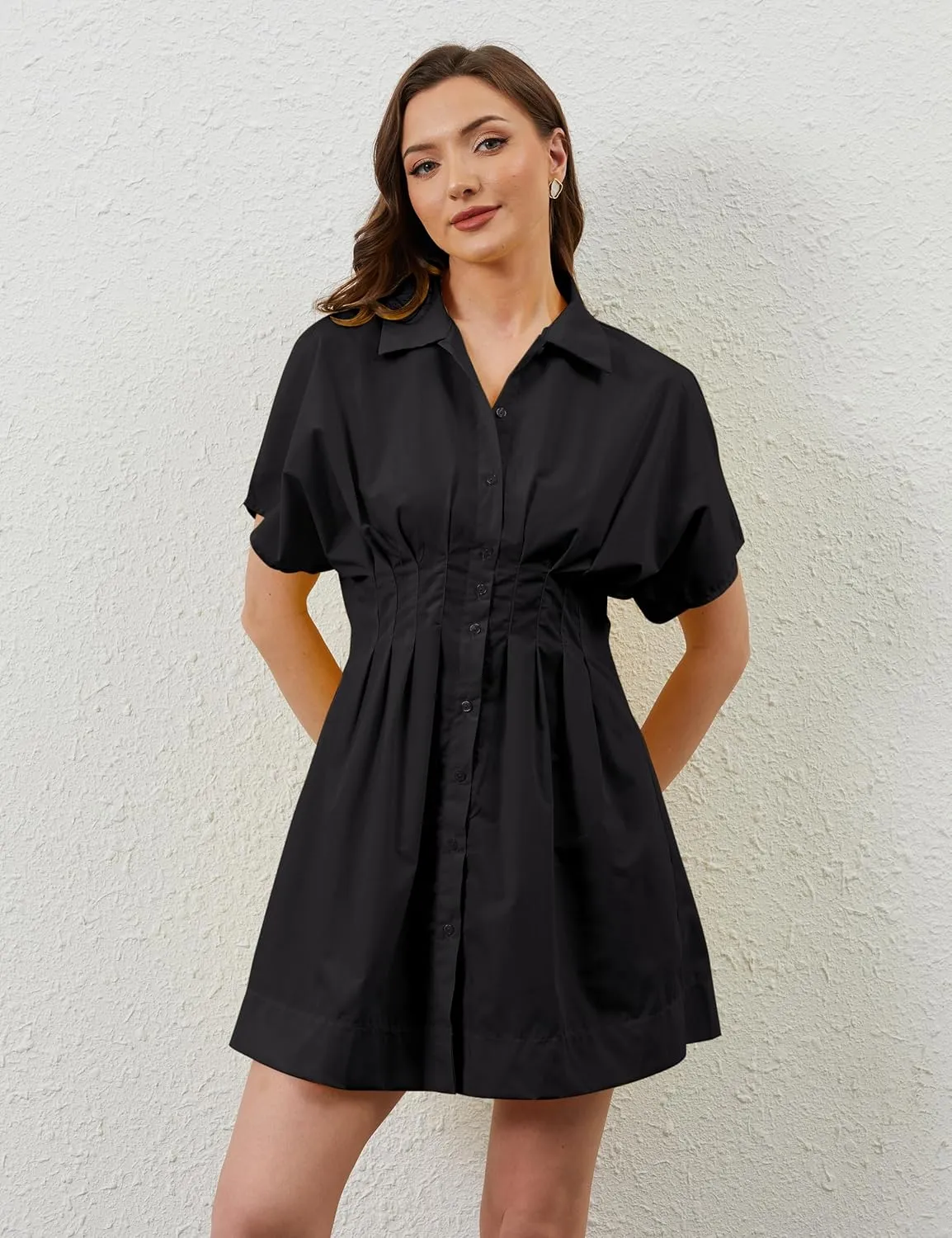 Women Button Down Pleated Shirt Dress Striped Short Sleeve Summer Casual Business Flowy Mini Short Dress