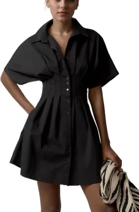 Women Button Down Pleated Shirt Dress Striped Short Sleeve Summer Casual Business Flowy Mini Short Dress