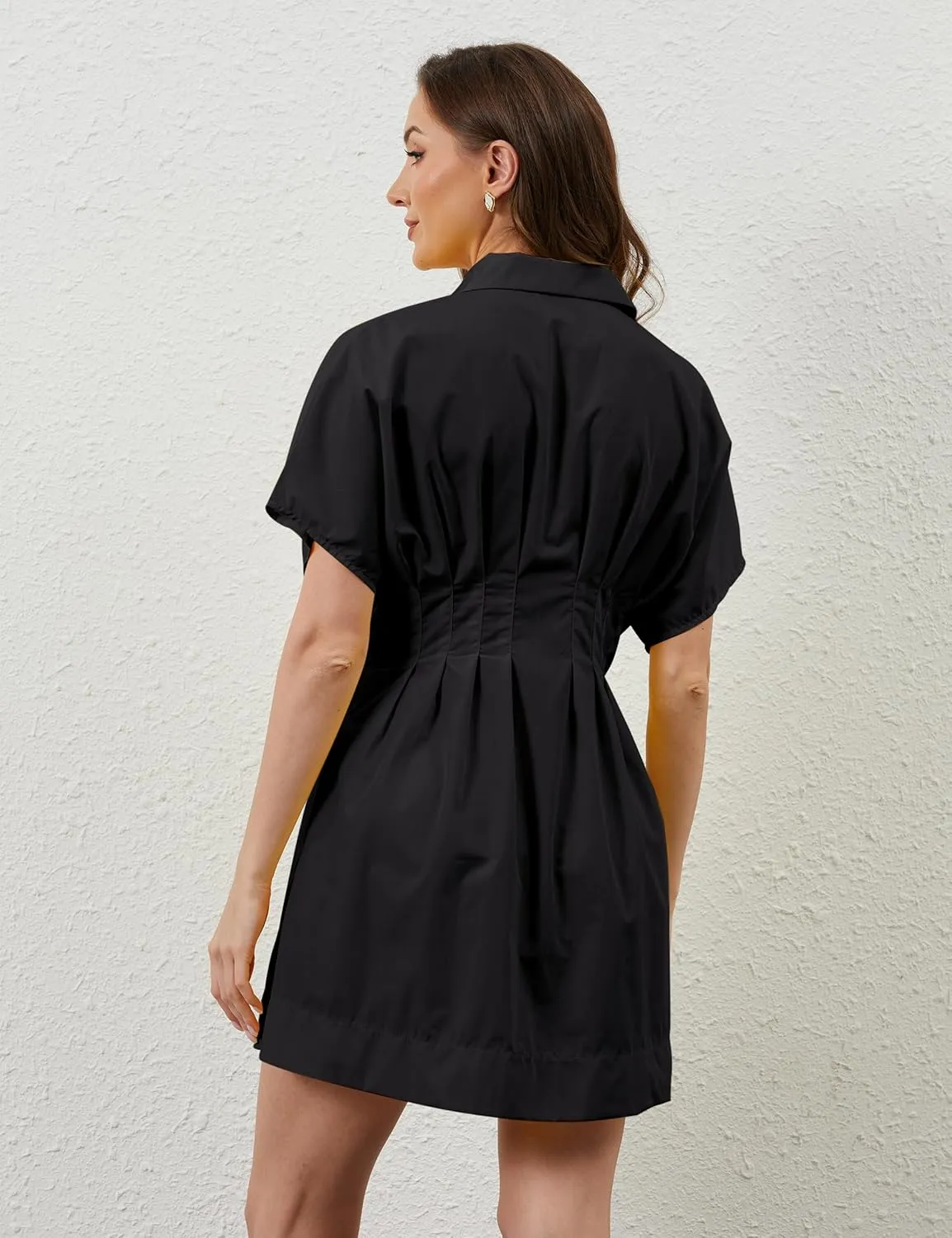 Women Button Down Pleated Shirt Dress Striped Short Sleeve Summer Casual Business Flowy Mini Short Dress