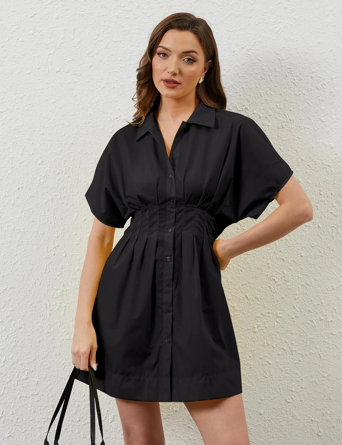 Women Button Down Pleated Shirt Dress Striped Short Sleeve Summer Casual Business Flowy Mini Short Dress
