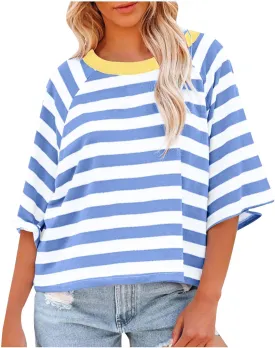 Women Striped Color Block T-Shirts Oversized Baggy Crew Neck Basic Cotton Preppy Shirt 3/4 Sleeve Casual Fall Tops