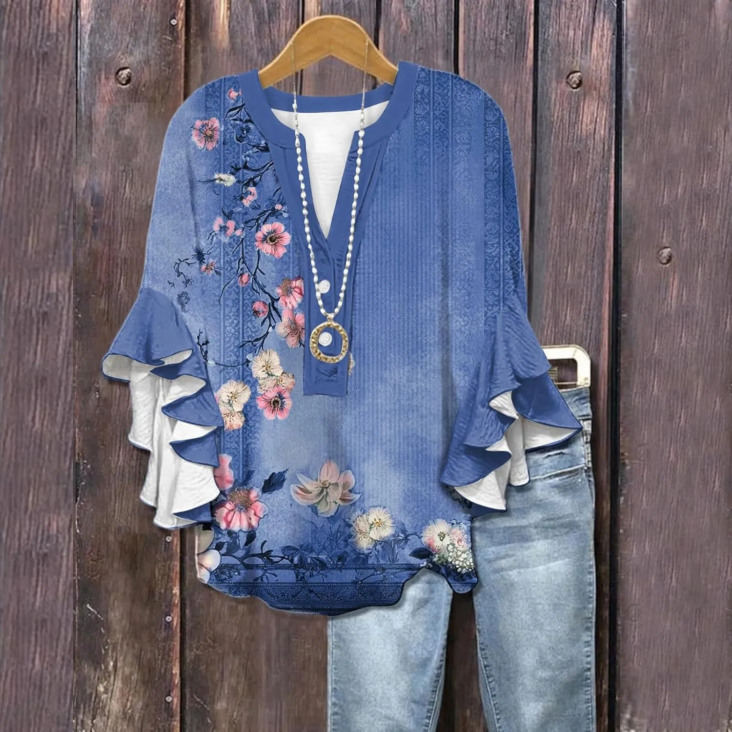 Womens 3/4 Sleeve Tops Casual Ruffle Floral Henley Notched V Neck T Shirts Loose Fit Graphic Button Dressy Blouses