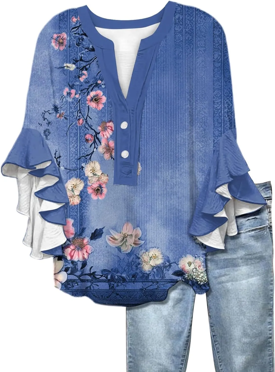 Womens 3/4 Sleeve Tops Casual Ruffle Floral Henley Notched V Neck T Shirts Loose Fit Graphic Button Dressy Blouses