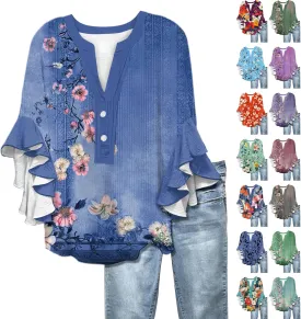 Womens 3/4 Sleeve Tops Casual Ruffle Floral Henley Notched V Neck T Shirts Loose Fit Graphic Button Dressy Blouses
