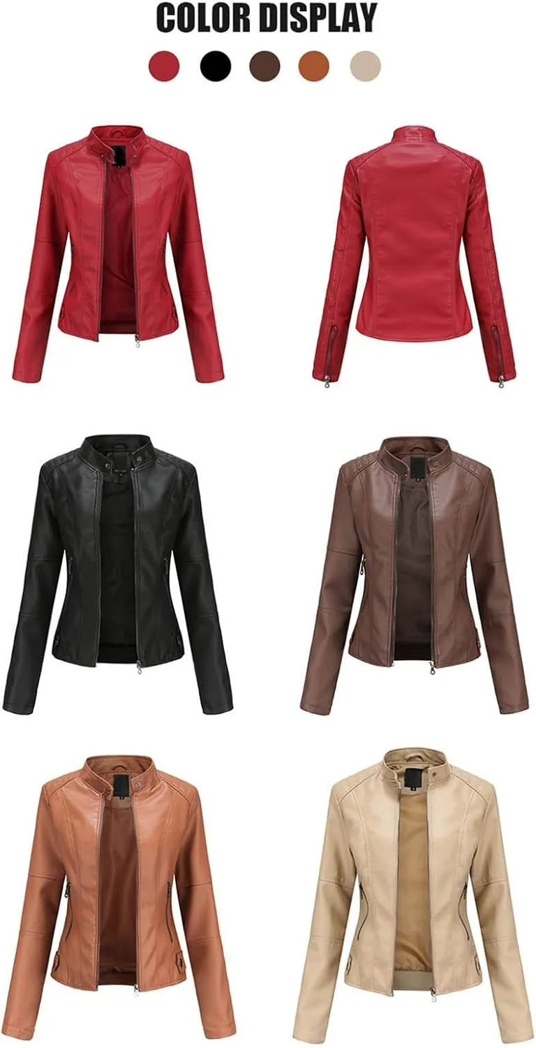 Women'S Faux Leather Motocross Racer Jacket Plus Size Motorcycle Zipper Moto Biker Short Outerwear Coat Bomber Jacket