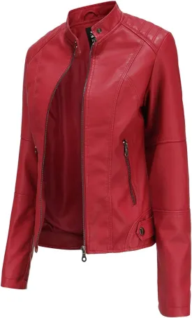 Women'S Faux Leather Motocross Racer Jacket Plus Size Motorcycle Zipper Moto Biker Short Outerwear Coat Bomber Jacket
