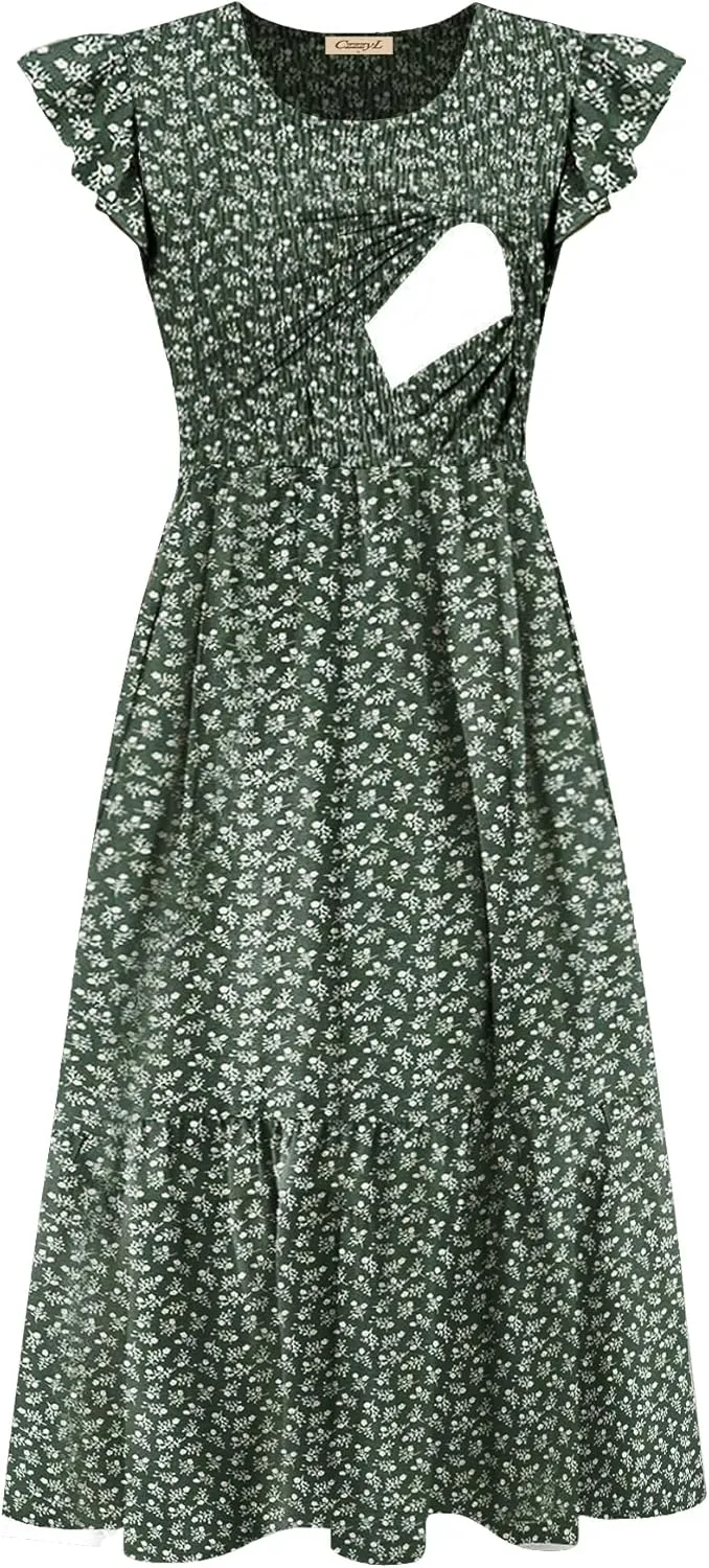 Women's Nursing Dress Flutter Short Sleeve Crew Neck Smocked Elastic Waist Tiered Midi with Pockets