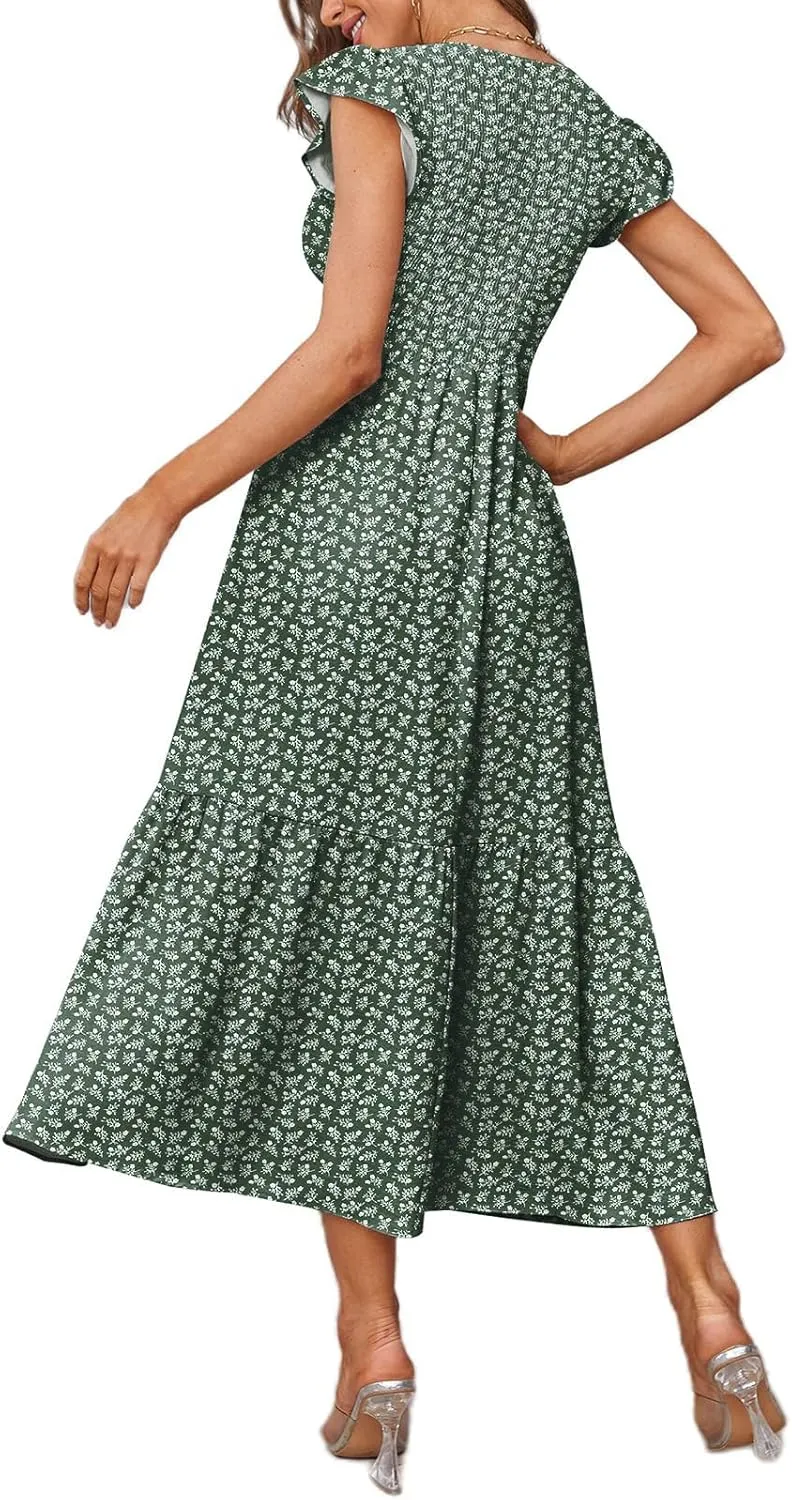 Women's Nursing Dress Flutter Short Sleeve Crew Neck Smocked Elastic Waist Tiered Midi with Pockets