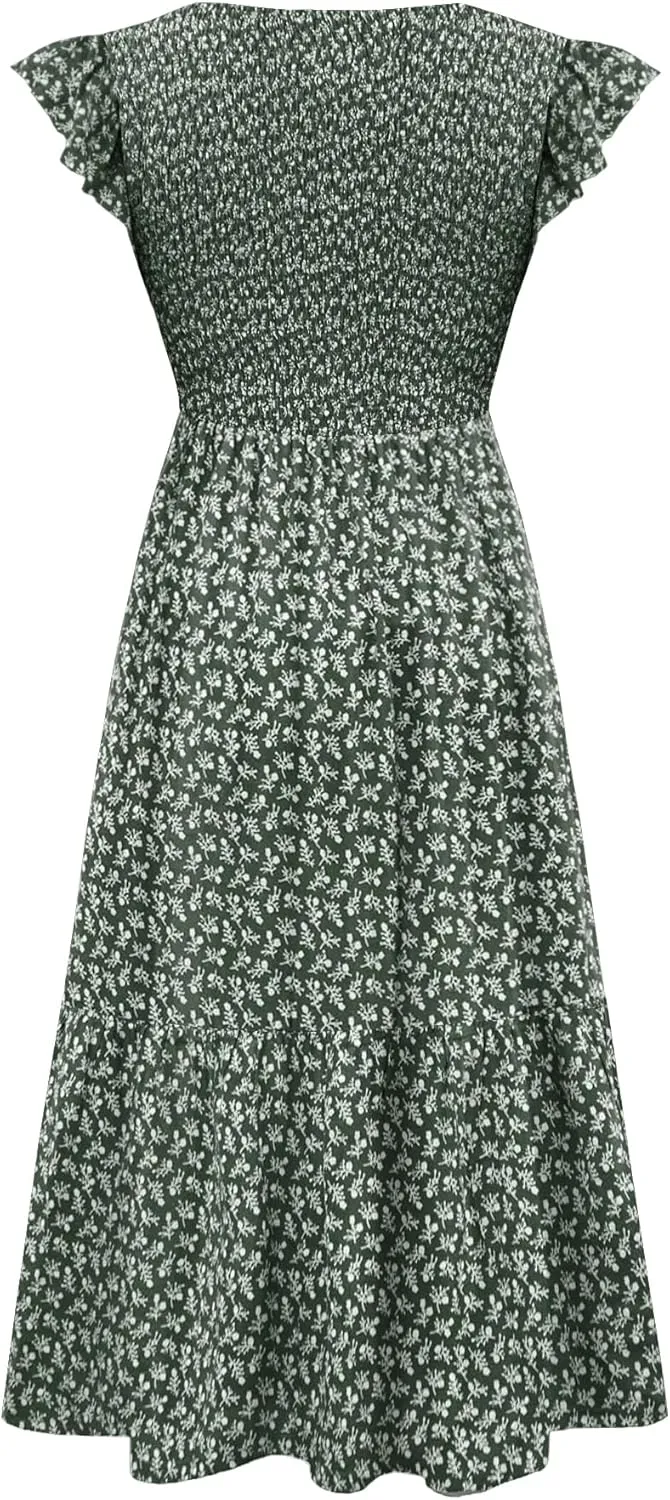 Women's Nursing Dress Flutter Short Sleeve Crew Neck Smocked Elastic Waist Tiered Midi with Pockets