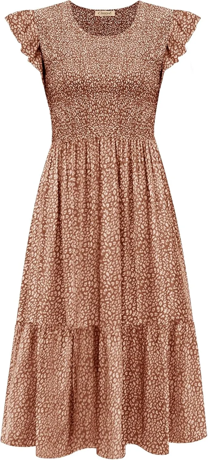 Women's Nursing Dress Flutter Short Sleeve Crew Neck Smocked Elastic Waist Tiered Midi with Pockets