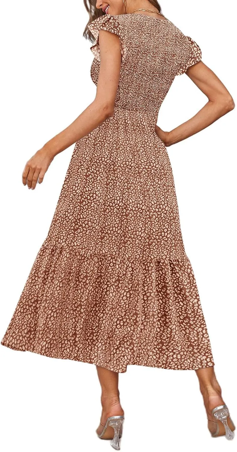 Women's Nursing Dress Flutter Short Sleeve Crew Neck Smocked Elastic Waist Tiered Midi with Pockets
