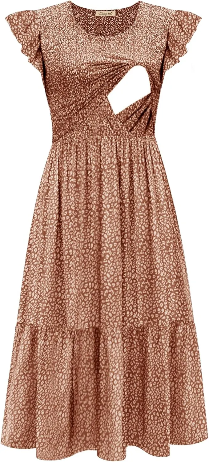 Women's Nursing Dress Flutter Short Sleeve Crew Neck Smocked Elastic Waist Tiered Midi with Pockets
