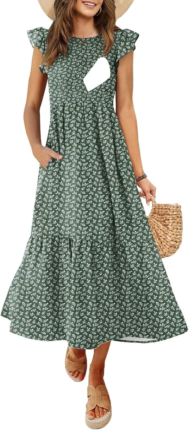 Women's Nursing Dress Flutter Short Sleeve Crew Neck Smocked Elastic Waist Tiered Midi with Pockets