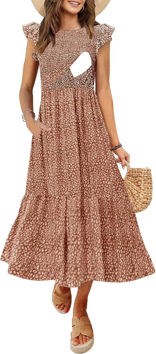 Women's Nursing Dress Flutter Short Sleeve Crew Neck Smocked Elastic Waist Tiered Midi with Pockets