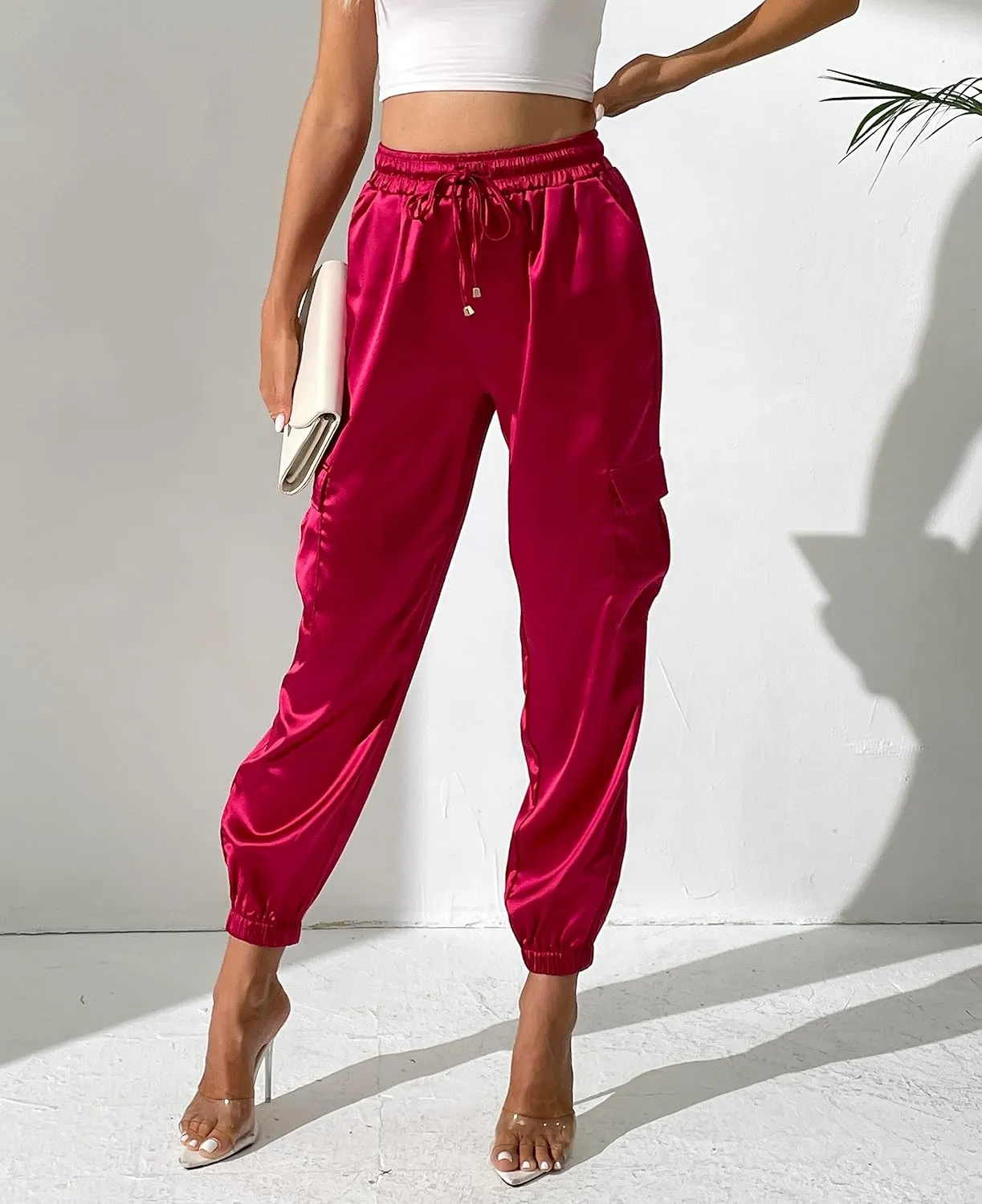 Women's Pocketed Cargo Jogger Satin Pants Dressy Casual High Waist Sweaterpants