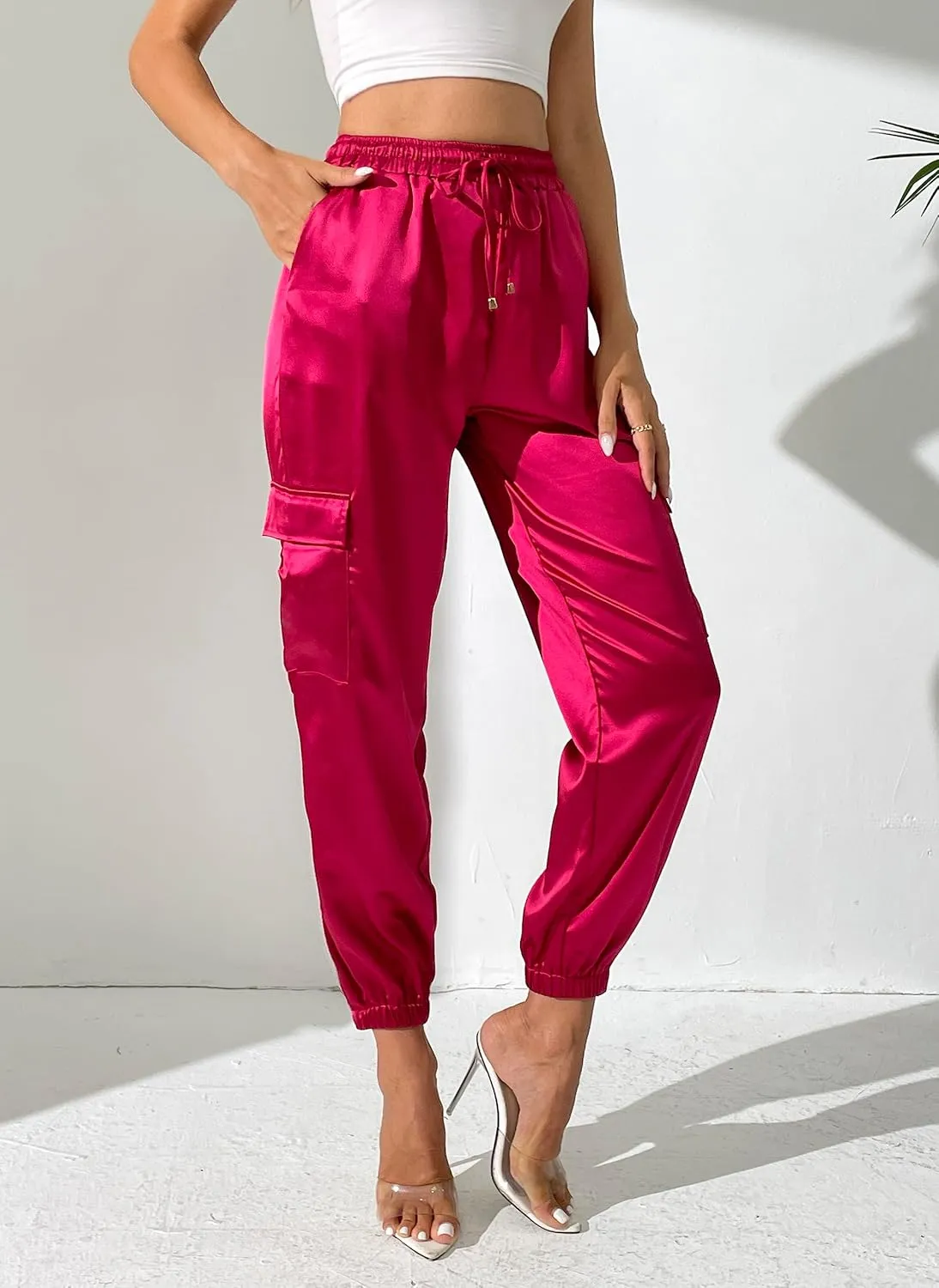 Women's Pocketed Cargo Jogger Satin Pants Dressy Casual High Waist Sweaterpants