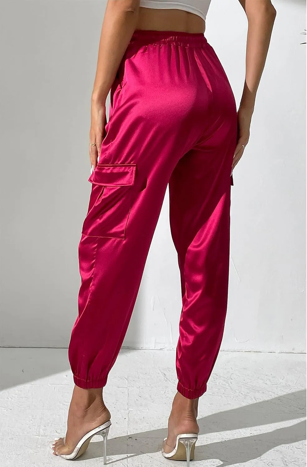 Women's Pocketed Cargo Jogger Satin Pants Dressy Casual High Waist Sweaterpants