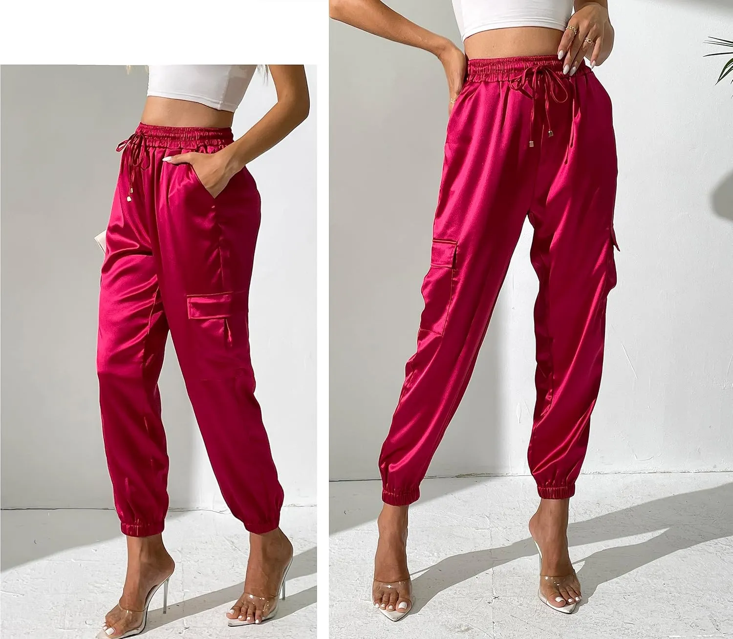 Women's Pocketed Cargo Jogger Satin Pants Dressy Casual High Waist Sweaterpants