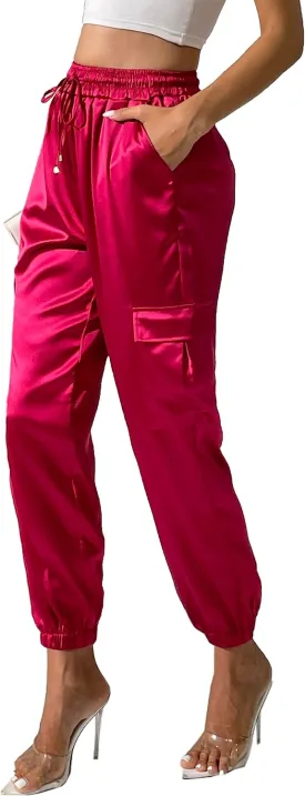 Women's Pocketed Cargo Jogger Satin Pants Dressy Casual High Waist Sweaterpants