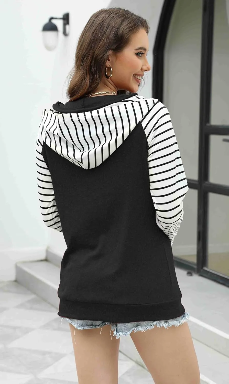 Womens Striped Hoodies Tops Long Sleeve Cowl Neck Casual Pullover Sweatshirts Blouses with Pockets
