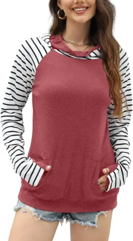 Womens Striped Hoodies Tops Long Sleeve Cowl Neck Casual Pullover Sweatshirts Blouses with Pockets
