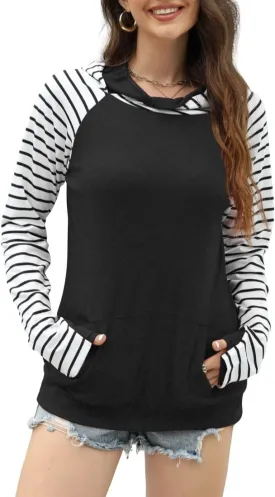 Womens Striped Hoodies Tops Long Sleeve Cowl Neck Casual Pullover Sweatshirts Blouses with Pockets