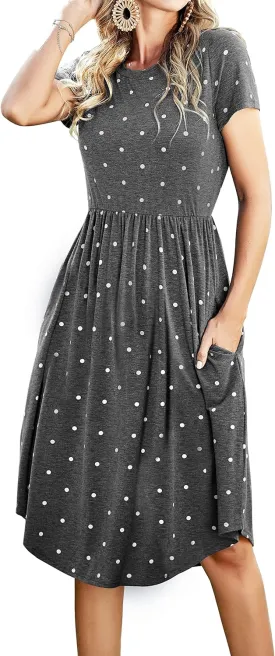 Womens Summer Pocket Knee Length Teacher Casual Dress Spring Modest Knit Fit Flare Short Sleeve Midi Work Travel Outfits