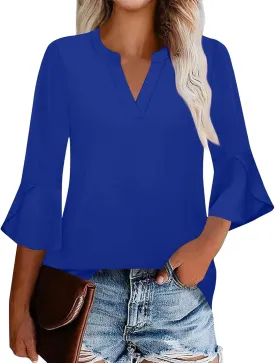 Womens Tops Dressy Casual V Neck 3/4 Length Sleeve Oversized Tshirts Tops Trendy Henley Neck Business Tunics or Tops