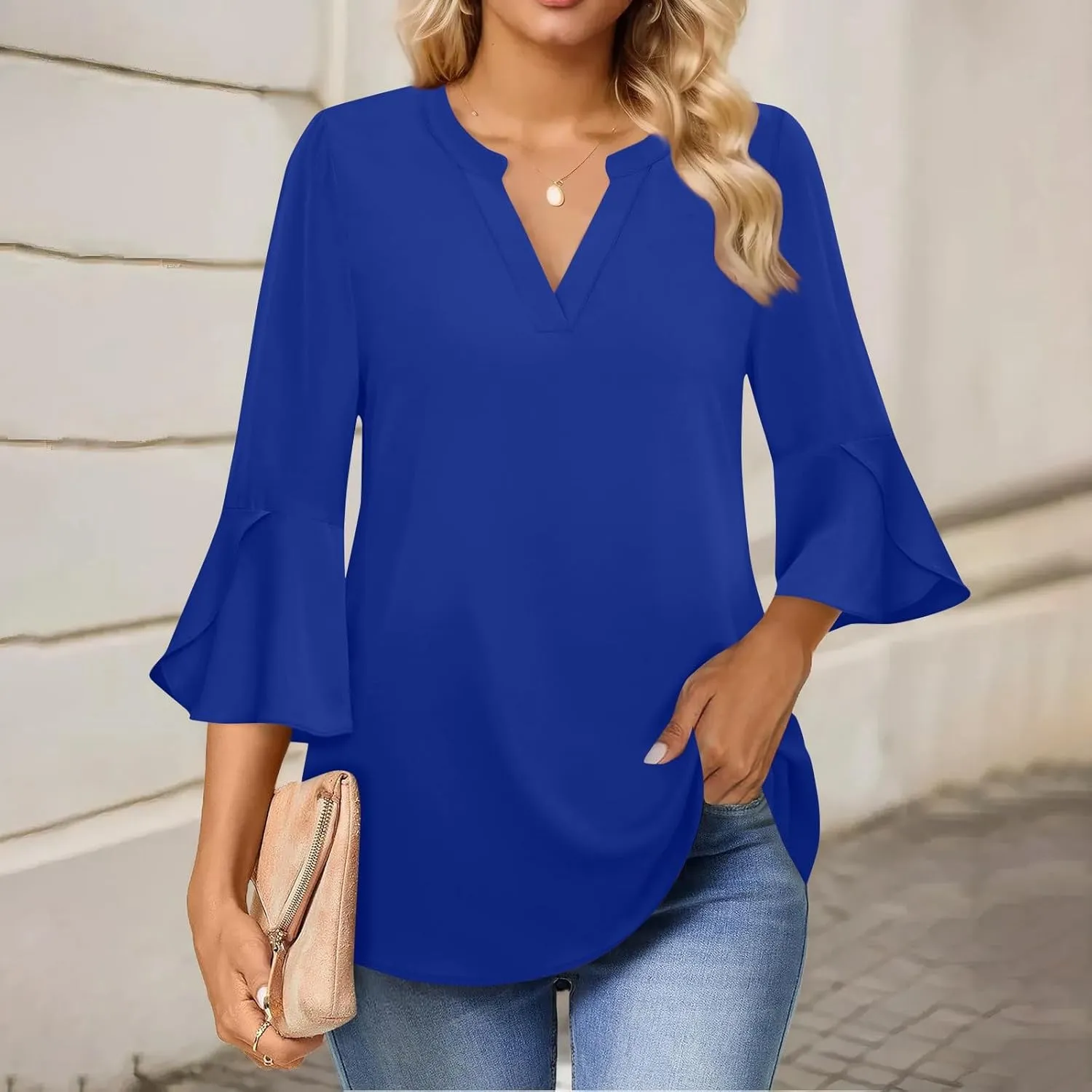 Womens Tops Dressy Casual V Neck 3/4 Length Sleeve Oversized Tshirts Tops Trendy Henley Neck Business Tunics or Tops