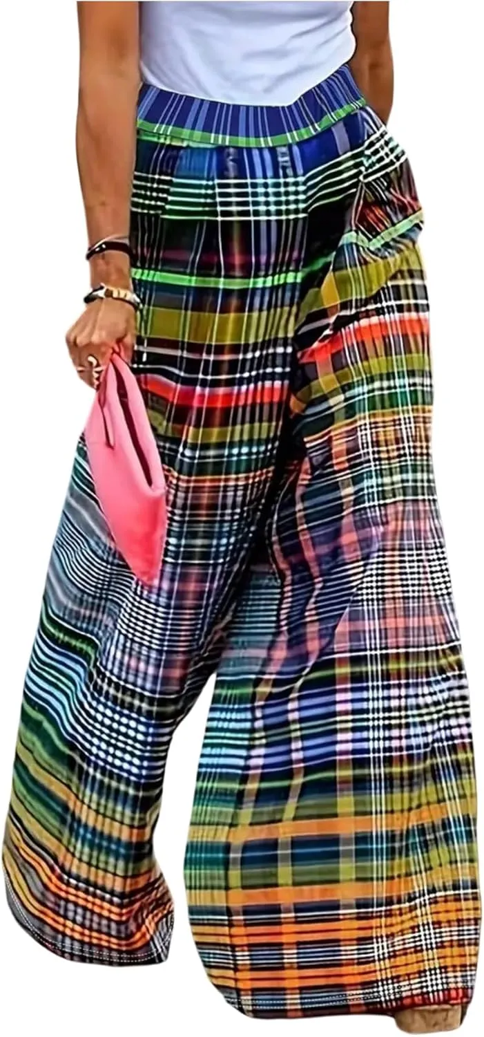 Women's Wide Leg Palazzo Plaid Pants Elastic Waist Baggy Beach Vacation Long Pants Trousers