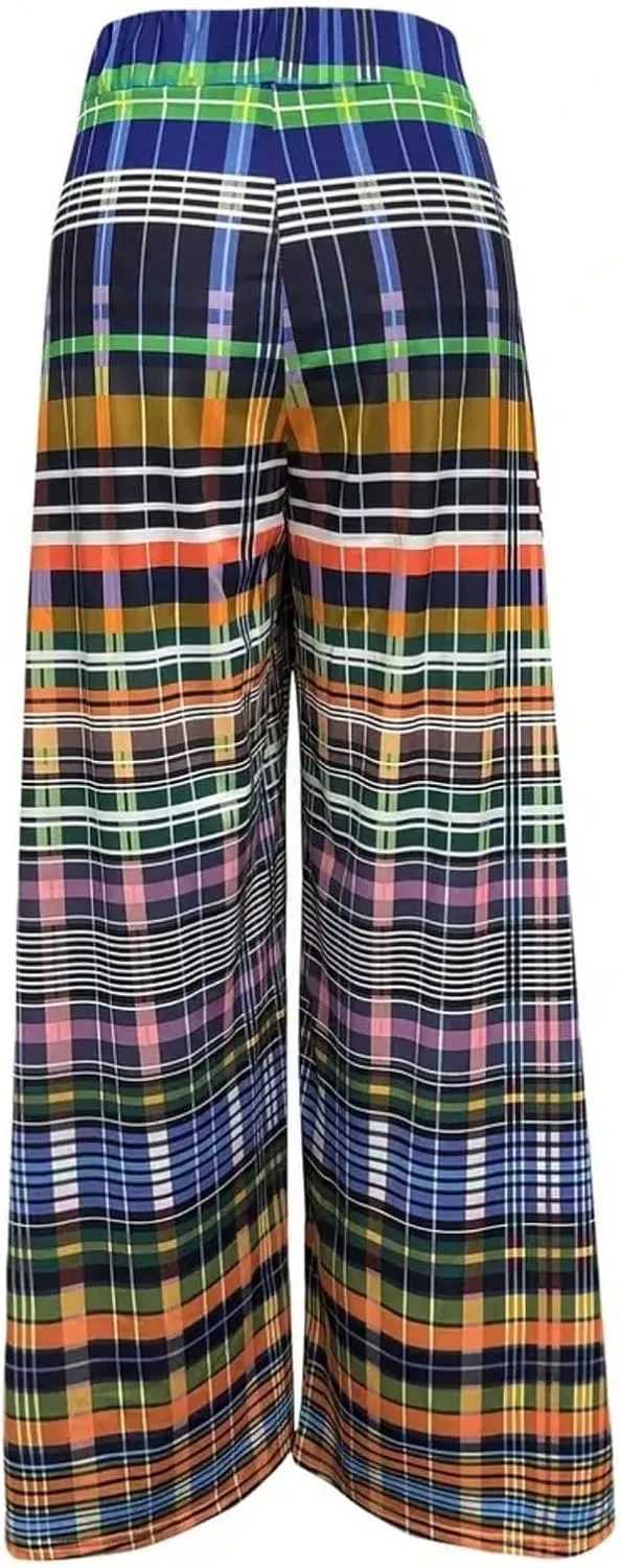 Women's Wide Leg Palazzo Plaid Pants Elastic Waist Baggy Beach Vacation Long Pants Trousers