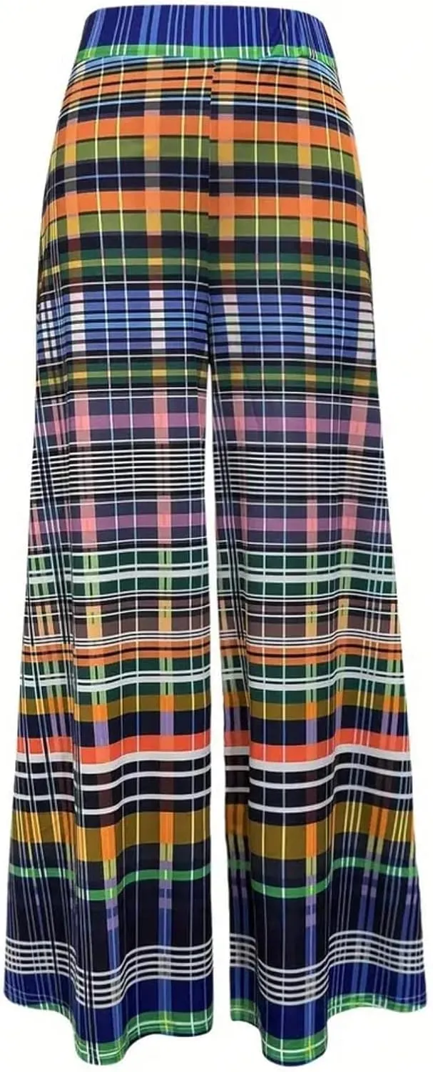 Women's Wide Leg Palazzo Plaid Pants Elastic Waist Baggy Beach Vacation Long Pants Trousers