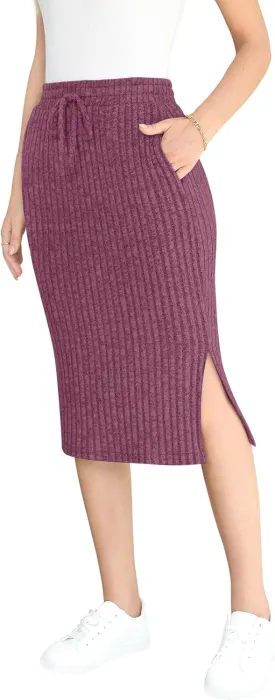 Yincro Women's High Waisted Fall Winter Midi Skirt with Pockets