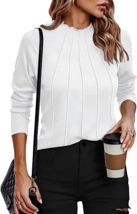 Zeagoo Womens Long Sleeve T Shirts Casual Mock Neck Tops Fall Pleated Blouses Basic Trendy Clothes 2024